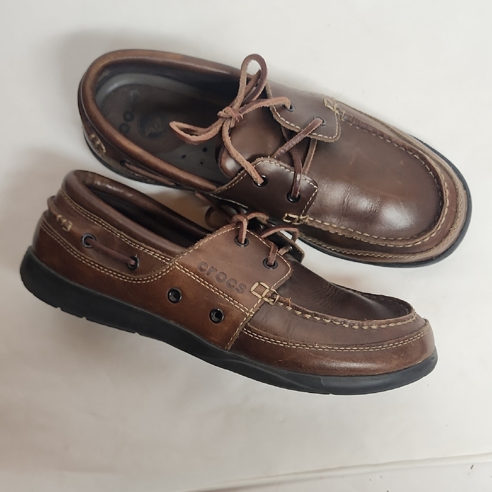Crocs Leather Harborline Moccasin Mens Brown Boat Shoes Size M11